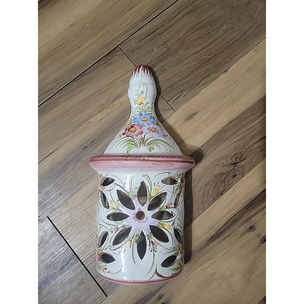 Vtg Portugal Hand Painted Wall Sconce Light Pink Flowers Ceramic Hanging Pottery